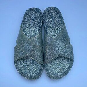J Crew Women's Silver Glitter Pool Slides Size 10